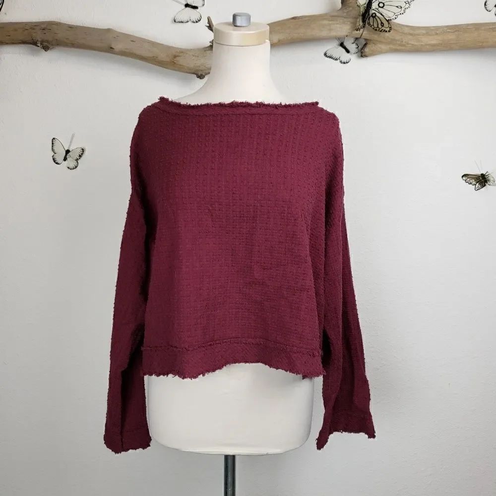 Free people frayed hem bell sleeve maroon top